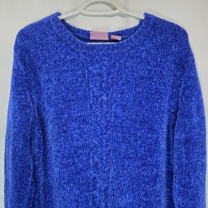 Cobalt Blue Chenille Sweater 90s Cozy Soft Knit Slouchy Retro Pullover